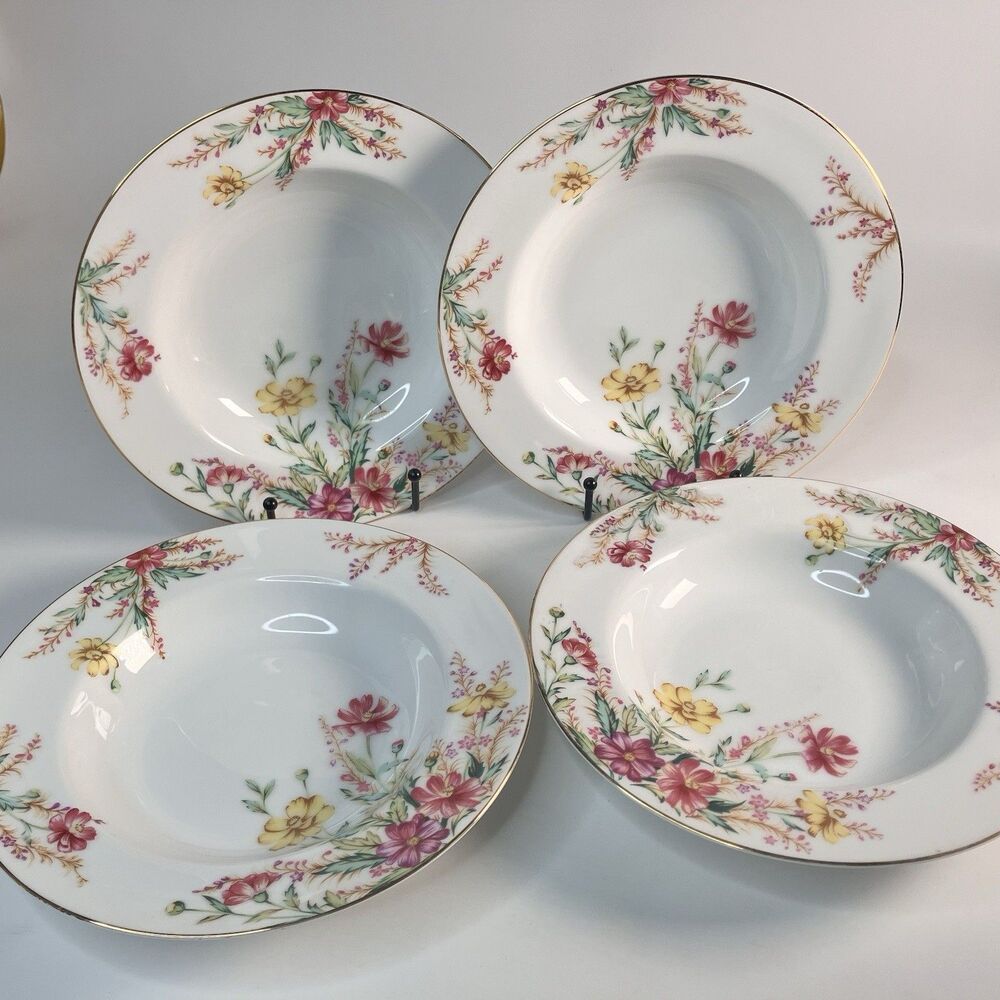 Vtg Lot 4 Kent China Springfield Cereal Soup Bowls 8.5” Gold Trim Floral Spring